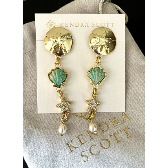Kendra Scott Brynne Shell Star Linear Earrings Green Chrysocolla Sand Dollar NWT - Picture 1 of 3